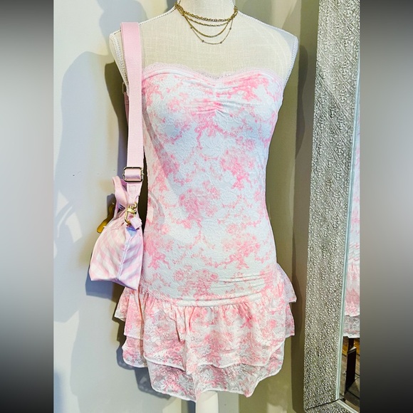 🎀PINK x LoveShackFancy Strapless Lace Mini Dress Ruffles Charlamagne Harbor Pink - Picture 8 of 14